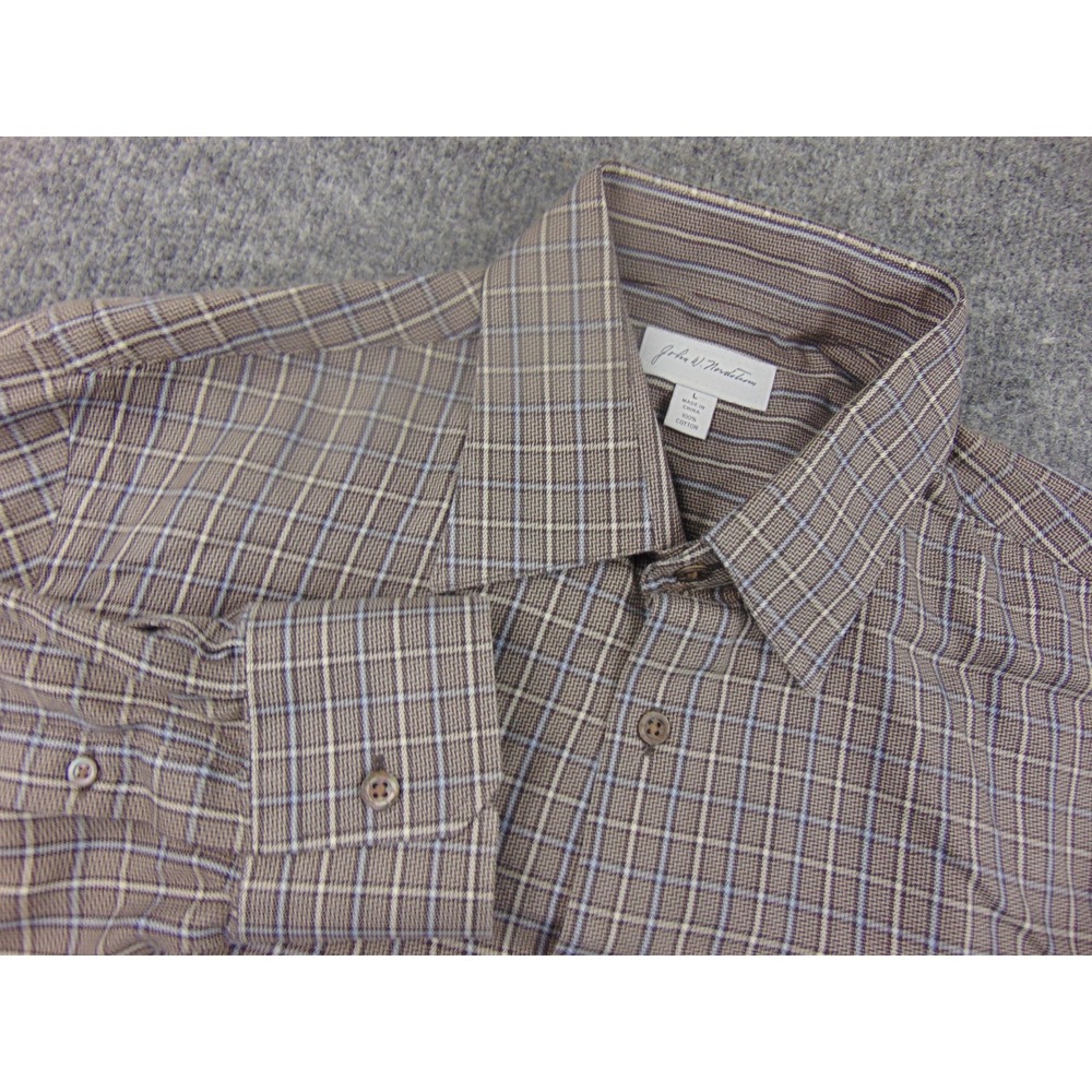 John W. Nordstrom Dress Shirt Mens‎ Large Brown Blue Plaid Cotton Long Sleeve